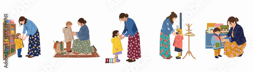 Flat vector illustrations of a mother helping her young children put on jackets in various home settings, symbolizing care and daily routines.