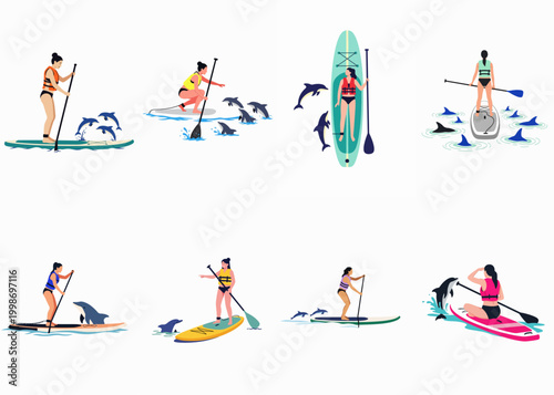 Collection of women paddleboarding in the sea with dolphins and sharks, flat vector style illustrations for summer vacation and water sports concepts.