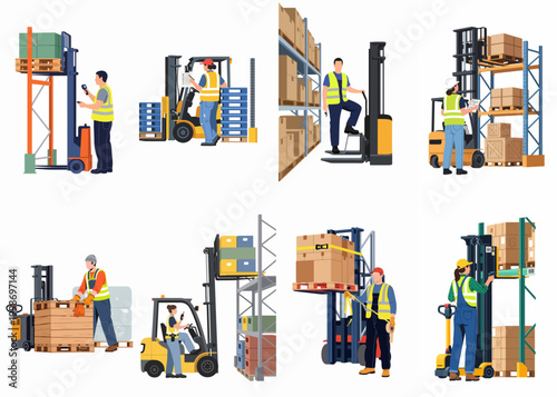 Collection of warehouse workers operating forklifts, reach trucks, and electric pallet jacks for inventory management, flat vector illustration.