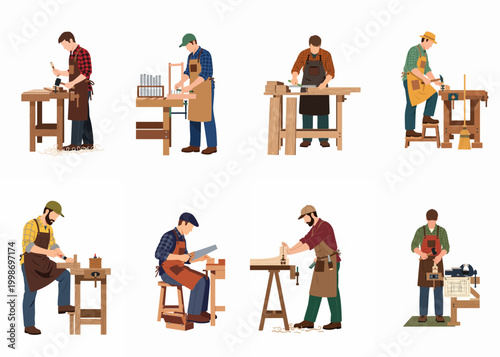 Set of flat vector illustrations featuring carpenters and woodworkers using traditional hand tools at workbenches in a workshop setting.
