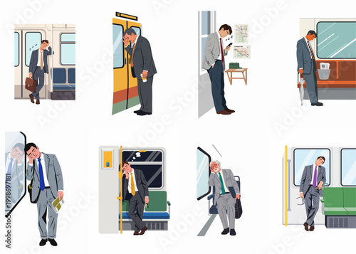 Set of illustrations showing exhausted businessmen in suits sleeping or resting while commuting on a subway train, depicting work-life balance and burnout.