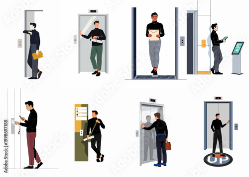 Illustration set of a businessman using and waiting for elevators in various office building scenarios, from pressing buttons to exiting doors.