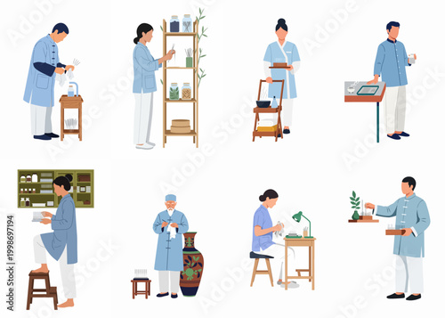 Flat vector illustrations of practitioners performing traditional Chinese medicine activities, including acupuncture and herbal preparation in a clinical setting.