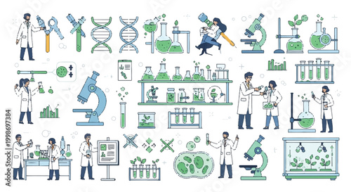 Collage of scientists in laboratory performing experiments with microscopes and DNA structures test tube laboratory glassware laboratory research