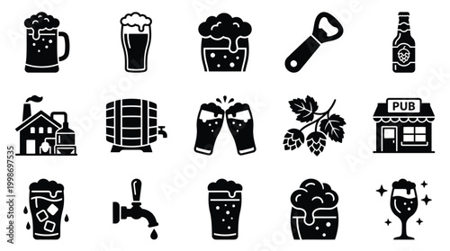 A collection of black and white icons representing various aspects of beer and brewing, including glasses, bottles, a pub, and brewing equipment.
