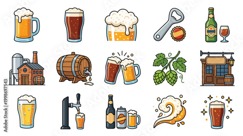 A vibrant collection of 15 pixel art illustrations depicting various aspects of beer and brewing, including mugs, bottles, barrels, a brewery, and a pub.