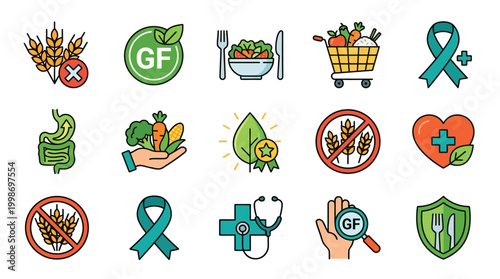 Collection of icons representing gluten-free lifestyle, healthy eating, and celiac disease awareness.