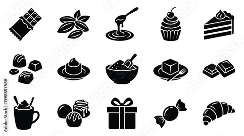 A collection of black and white silhouette icons representing various chocolate-themed desserts and treats, including bars, candies, cakes, and hot beverages.
