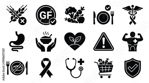 A collection of black and white icons representing health, nutrition, and medical concepts, including gluten-free, healthy eating, and wellness.