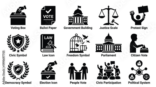 Collection of black and white icons representing various aspects of democracy, government, and civic participation.