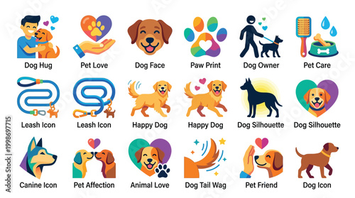 Collection of colorful flat icons representing various aspects of dog ownership, care, and affection, including hugs, paw prints, leashes, and happy dogs.