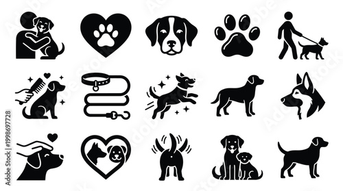 Collection of black and white vector icons representing various aspects of dog ownership and care, including affection, grooming, walking, and different dog breeds.