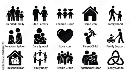 Collection of family and relationship icons representing various family structures, bonds, and support systems.