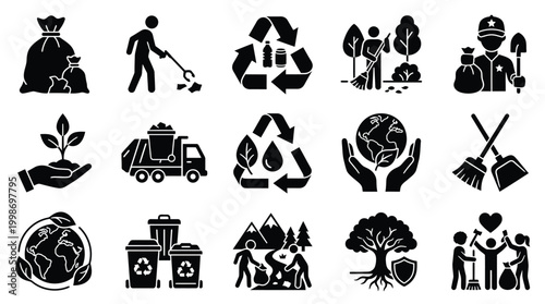 Collection of environmental icons depicting recycling, waste management, conservation, and community efforts for a sustainable planet.