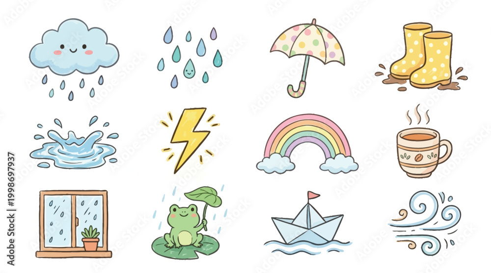 Naklejka premium A charming collection of cute, hand-drawn illustrations depicting various weather phenomena and related elements.