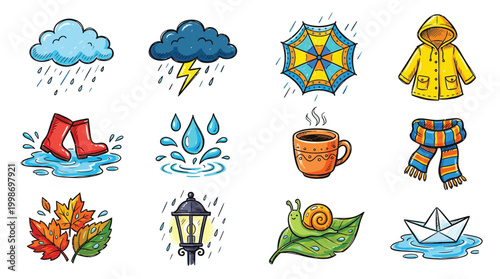 A collection of charming cartoon illustrations depicting various elements associated with rainy weather and autumn season.