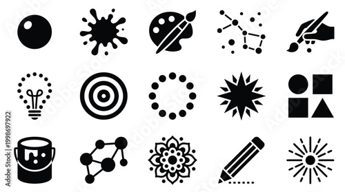 A collection of 15 black and white icons representing creativity, art, science, and abstract concepts.