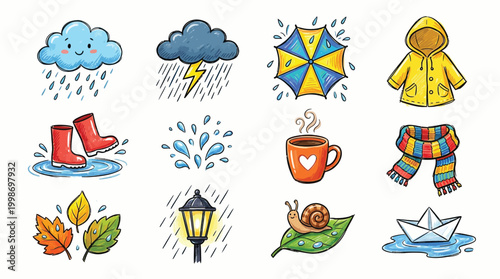 A collection of charming cartoon illustrations depicting various aspects of rainy weather and autumn season elements.