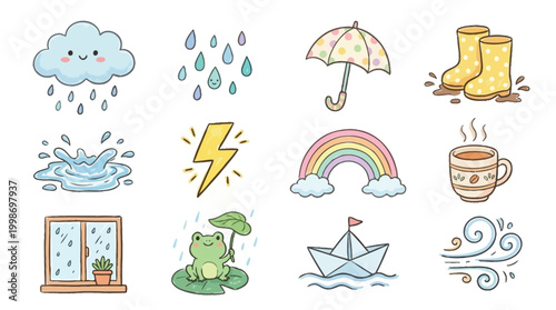A charming collection of cute, hand-drawn illustrations depicting various weather phenomena and related elements.