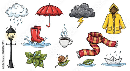 A collection of rainy day and autumn-themed illustrations, including a raincoat, umbrella, boots, and a hot drink.