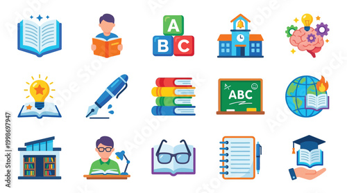 A vibrant collection of educational icons representing learning, knowledge, and academic pursuits, including books, a school building, and a brain with gears.
