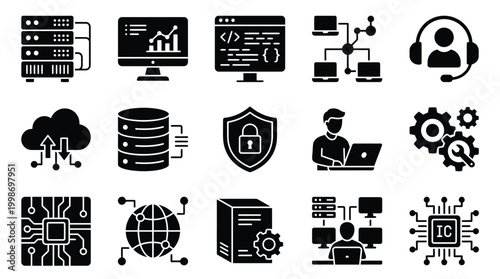 A collection of 15 black and white icons representing various aspects of technology and computing, including servers, data, security, networking, and software development.