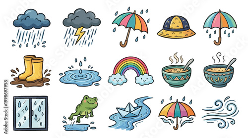 A collection of charming cartoon illustrations depicting various aspects of rainy weather and its associated elements, including clouds, umbrellas, rain boots, and a rainbow.