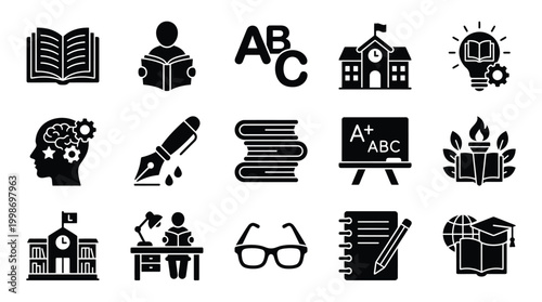A collection of black and white icons representing education, learning, and knowledge, including books, a school building, a brain, and writing tools.