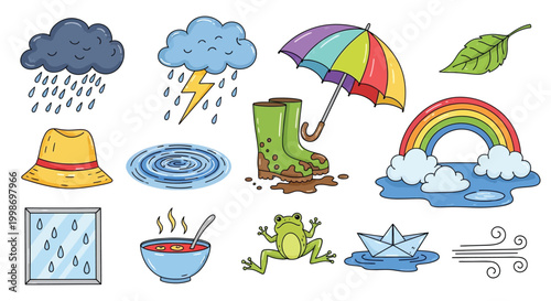 A collection of colorful cartoon illustrations depicting various elements associated with rainy weather and its effects.
