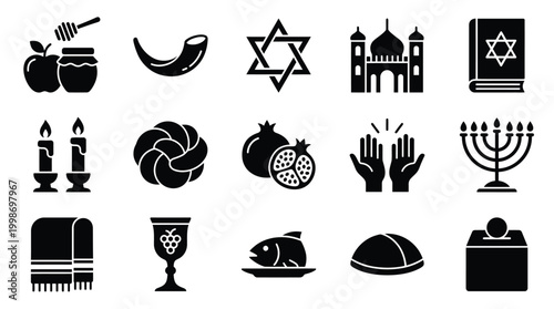 Collection of Jewish religious and cultural symbols, including a shofar, Star of David, menorah, challah bread, and prayer items.