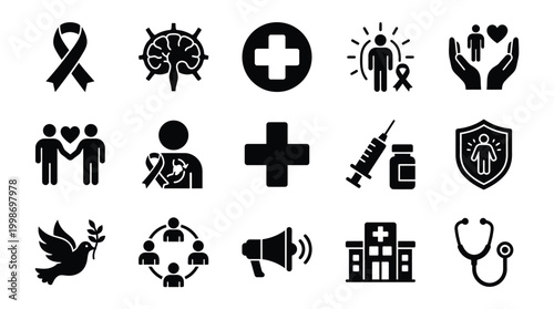 Collection of medical and healthcare-related icons, including symbols for awareness, support, and treatment.
