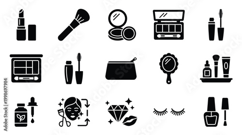 Collection of black and white icons representing various makeup and beauty products, including lipstick, brushes, eyeshadow palettes, mascara, and skincare items.