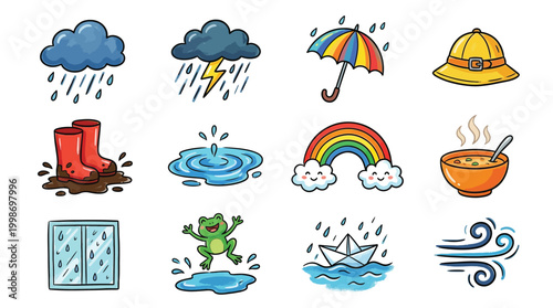 A collection of charming cartoon illustrations depicting various weather phenomena and activities associated with rain and a rainbow.