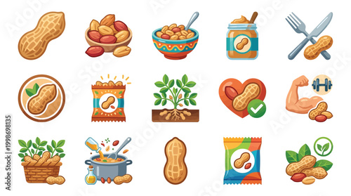 A vibrant collection of illustrations depicting peanuts in various forms, from whole nuts to peanut butter, showcasing their versatility and health benefits.