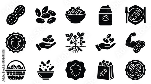 Collection of black and white icons representing peanuts in various forms and contexts, including whole peanuts, shelled nuts, peanut butter, and peanut plants.
