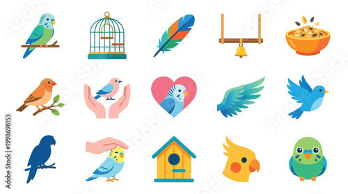 A vibrant collection of colorful bird illustrations, including budgies, parrots, canaries, feathers, cages, birdhouses, and perches, showcasing avian life and care.