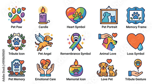Collection of colorful icons representing pet loss, remembrance, and love, including paws, candles, hearts, and memorial elements.