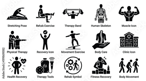 Collection of 15 black and white icons representing various aspects of physical therapy, rehabilitation, and health recovery, including exercises, tools, and anatomical representations.