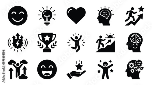 Collection of icons representing success, happiness, motivation, and personal growth, including symbols like smiling faces, lightbulbs, trophies, and figures climbing stairs.