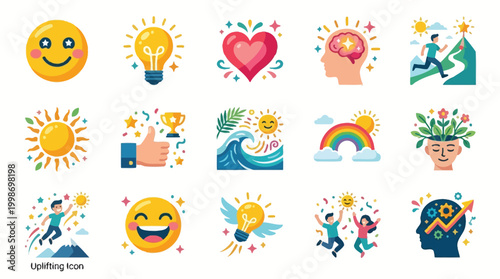 A vibrant collection of uplifting icons symbolizing happiness, success, creativity, and positive emotions, perfect for motivational content.