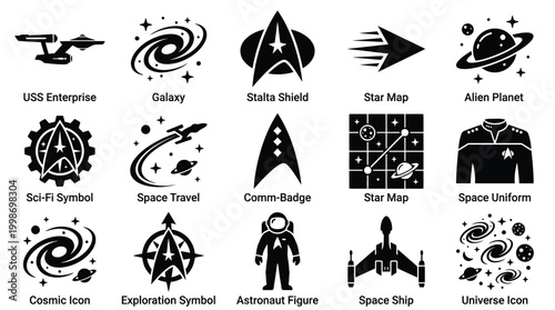 Collection of 15 black and white vector icons representing various science fiction and space exploration themes, including starships, galaxies, planets, and astronaut figures.