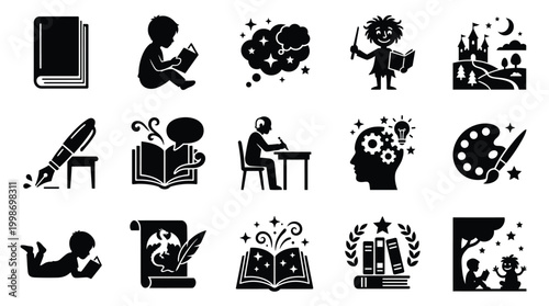 Collection of black and white icons representing reading, writing, creativity, and imagination, including books, pens, and artistic elements.