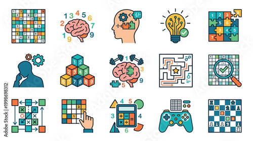 A vibrant collection of icons representing various aspects of logic, problem-solving, and cognitive challenges.