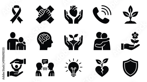Collection of icons representing concepts of care, support, growth, and community, including symbols for health, connection, and ideas.