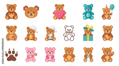 A diverse collection of cute teddy bear illustrations, showcasing various poses, colors, and accessories, perfect for children's themes.
