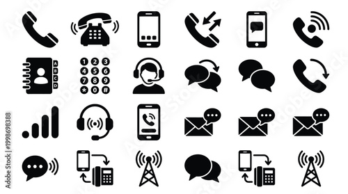 A comprehensive collection of communication icons, featuring telephones, smartphones, messaging, and network symbols, illustrating various forms of connection and interaction.