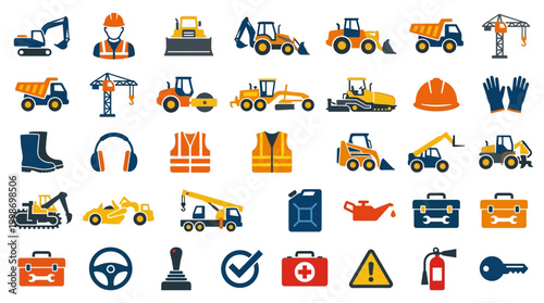 Construction Industry Workers, Vehicles, Tools, and Safety Icons Set in Yellow, Blue, and Black on Isolated White Background.