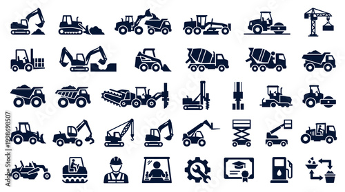 Construction Worker, Heavy Equipment, and Tools Black Icons Set on Isolated White Background.