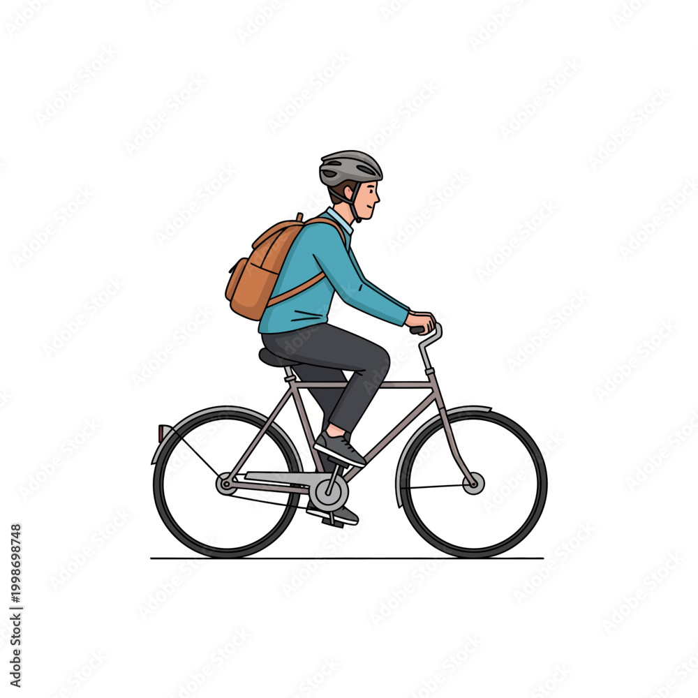 Naklejka premium Man riding a bicycle with a backpack, wearing a helmet, side view illustration.