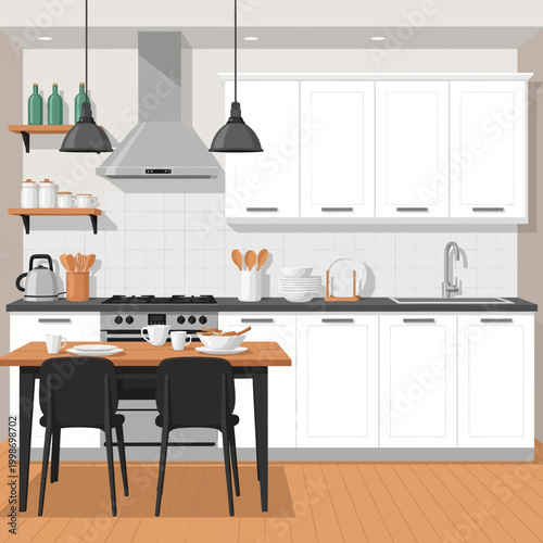 Modern kitchen interior with dining table, stove, and cabinets in a bright, clean space.